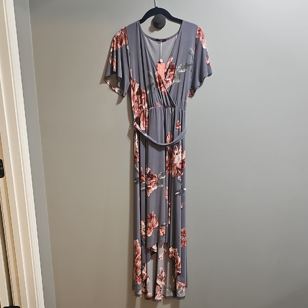 West Kei Gray and Pink Floral High Low Dress